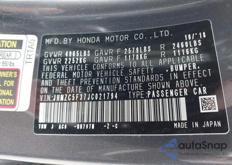 2018 Honda Clarity Plug-In Hybrid Touring из США, поврежденный, VIN JHMZC5F37JC021794